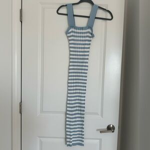 Blue and white striped midi dress